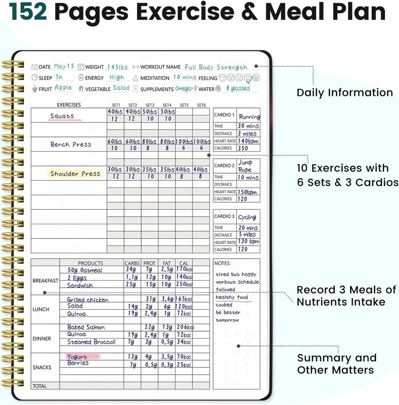 Dapsang Fitness Journal for Women & Men, Food & Workout Journal Planner Log Book with Measuring Tape, Undated Wellness Planner to Track Weight Loss, Muscle Gain, Home Gym Exercise, Daily Nutrition, 9.5" x 7" - Image 4